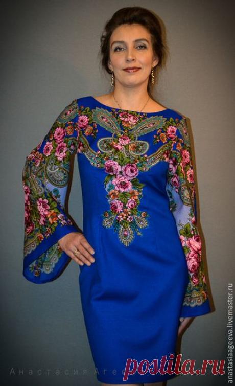 Купить Платье "Синяя птица счастья". - тёмно-синий, орнамент, платье из платка