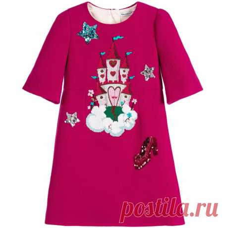 Dolce & Gabbana - Dark Pink Wool Crêpe Dress with Embroidered Castle | Childrensalon