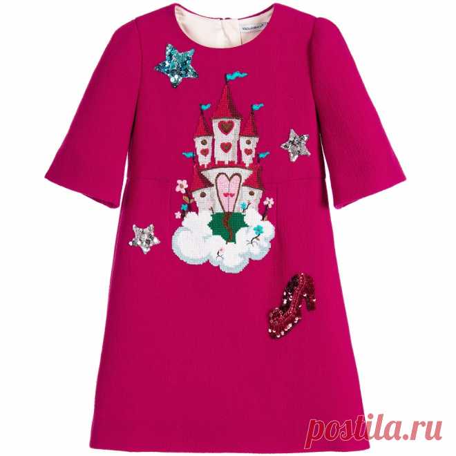 Dolce & Gabbana - Dark Pink Wool Crêpe Dress with Embroidered Castle | Childrensalon