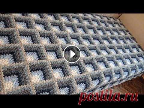 Плед 3D крючком. Часть 1 Бабушкин квадрат Плед связан Бабушкиными квадратами крючком №4 из полушерсти. Размер пледа 120х200 см, вес 1,6 кг. Расход пряжи по цветам: 1 - 100 гр (белый) 2 - 100 г...