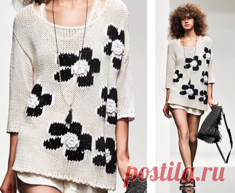Кофточки с интарсией - большие цветы на белом фоне - модели плюс схемы | МНЕ ИНТЕРЕСНО - жаккардовое вязание | Яндекс Дзен