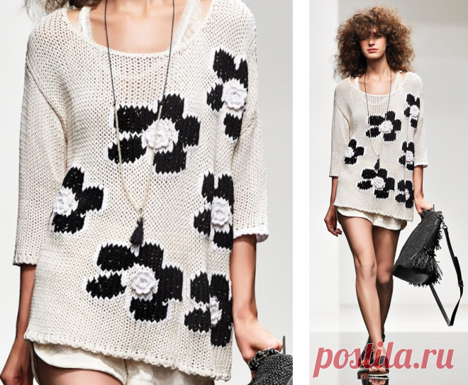 Кофточки с интарсией - большие цветы на белом фоне - модели плюс схемы | МНЕ ИНТЕРЕСНО - жаккардовое вязание | Яндекс Дзен