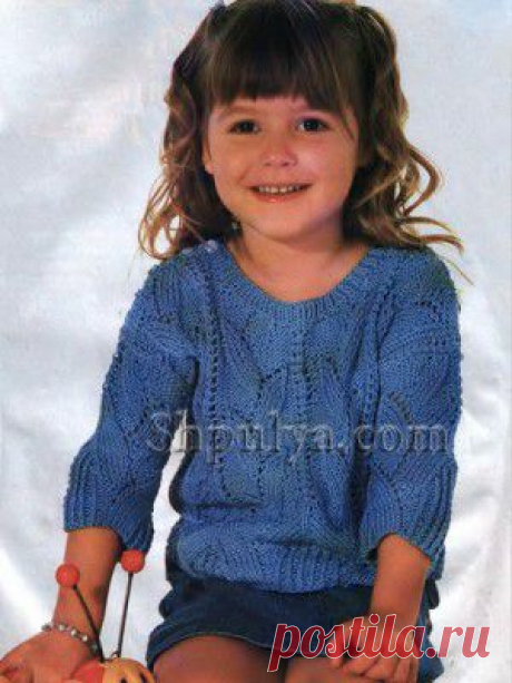 Голубой ажурный пуловер для девочки, вязаный спицами — Шпуля - сайт о вязании