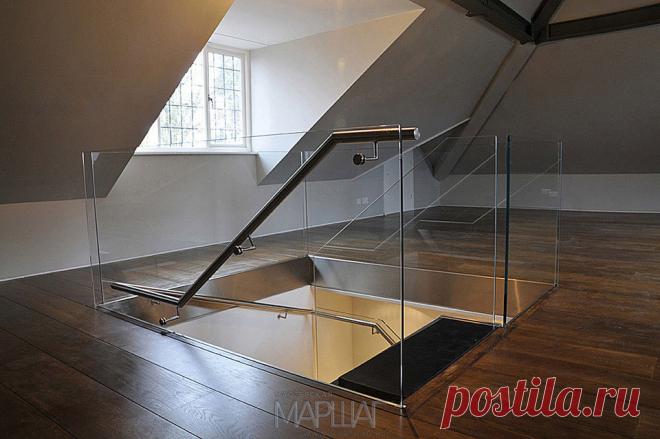 Лестницы, ограждения, перила из стекла, дерева, металла Маршаг – Цельностеклянные перила лестницы из бетона
