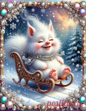 в рамке из жемчуга бисера и стразов на радужном жемчужном фоне.
стиль Галины Ореховой.

 небесная,белое пушистое ангора мех серебряная нить,вихри снега метель,кружевные сны мультяшного чудика-муми-тролля-пушистика с милой улыбкой в кружевных санках со снежной пушистой горки,радость и смех,жемчуг,искры,снежинки, Ли Богл волшебный мир.