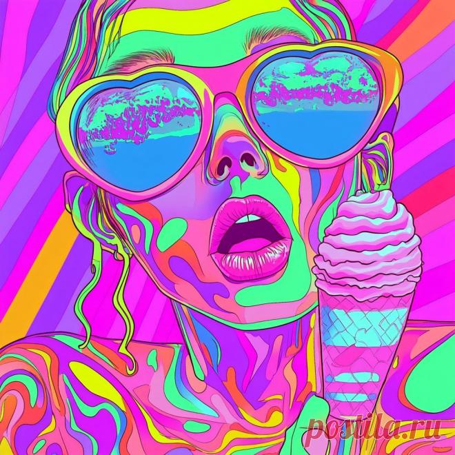 Крик в неоновом городе: психоделический портрет с сердцем и мороженым. Генерация из нейросети Миджорни - Midjourney примеры промтов - Форум ИИ о нейросетях - Yes Ai