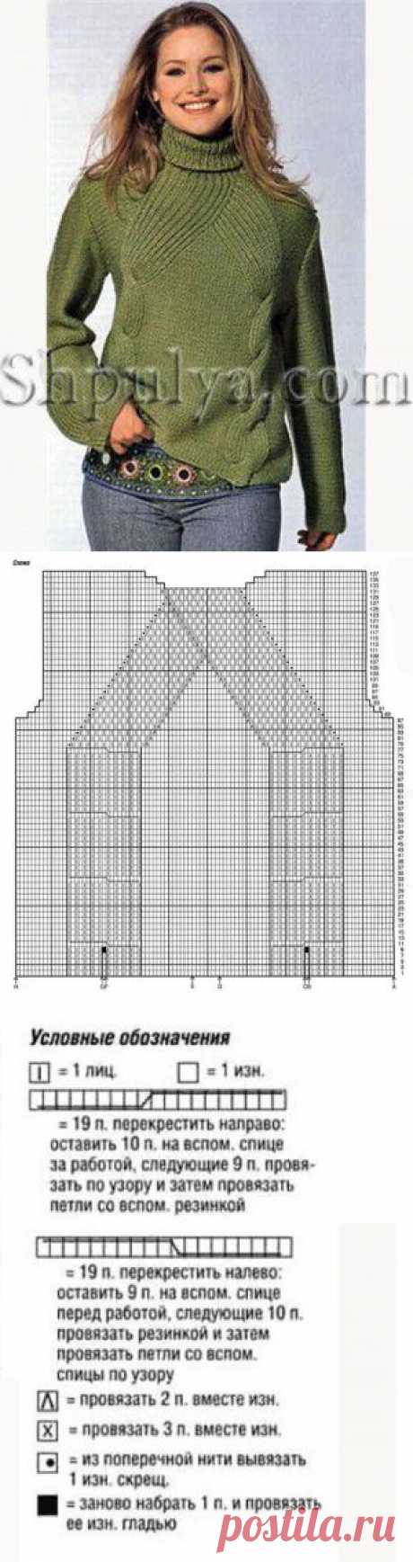 Оливковый свитер с косами спицами — Шпуля - сайт о вязании