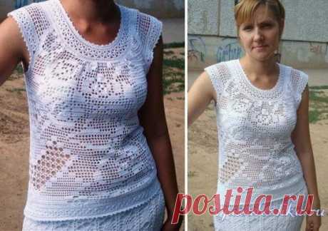 Сказочная филейная маечка крючком от Anytka
Схема: https://vjazalochka.ru/vyazanie-dlya-zhenshchin/topy-azhurnye-koftochki/skazochnaya-filejnaya-maechka-kryuchkom-ot-anytka