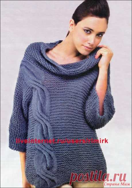 Джемпер с оригинальным воротом, цельновязанными рукавами и оригинальной "косой", асимметрично расположенной на переде. Спицами. / Страна Мам