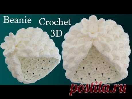 Gorro a Crochet punto marshmallow y flor 3D en punto tunecino tejido tallermanualperu