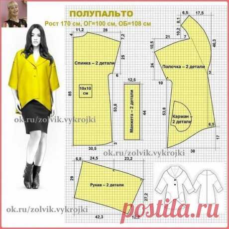 Выкройка короткого пальто. Простая выкройка, для начинающих. Расслабленное пальто с воротником-шалькой и ассиметричной линией низа.