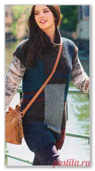 Вязание спицами. Описание женской модели со схемой и выкройкой. Удлиненная туника-безрукавка в стиле пэчворк. Размеры: 38/40 (42) 46/48