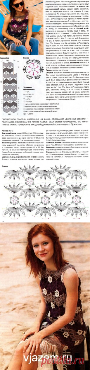 Ажурное платье на вилке вязаное с декором из цветков | vjazem.ru