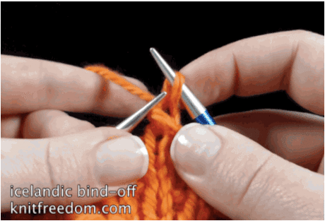ИСЛАНДСКИЙ СПОСОБ ЗАКРЫТИЯ ПЕТЕЛЬ 

 

With R needle, reach through 1st st purlwise.
Catch front loop of 2nd st.
Draw 2nd st through 1st st.
Wrap your yarn to knit. Pull yarn through.
Complete the K stitch.
Move st back to L needle.
R…