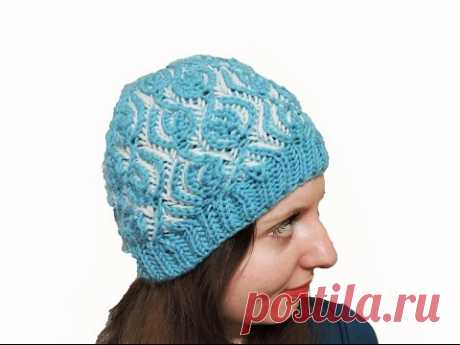 Женская шапка в технике бриошь "Заснеженные листья" // Brioche Stitch // Women's hats knitting