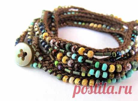 Crochet bracelet beaded wrap bracelet aqua gold by CoffyCrochet