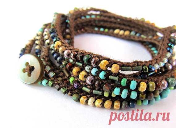 Crochet bracelet beaded wrap bracelet aqua gold by CoffyCrochet