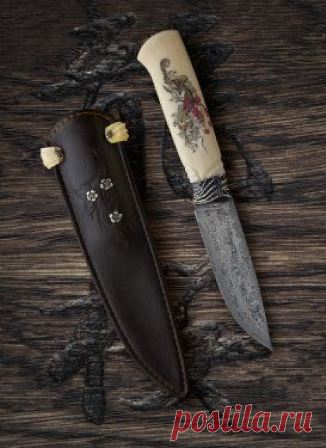 Нож финский от Игорь Музалёв (aka Данок).  Дамасская сталь. Рог. Скримшоу.