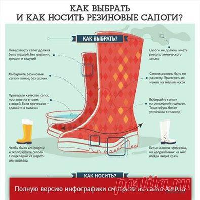 Facebook
Резиновые сапоги — настоящее спасение в слякотную и дождливую погоду, более практичной обуви просто не найти. Как правильно выбрать резиновые сапоги и ухаживать за ними – в инфографике АиФ.ru 
http://www.aif.ru/infographic/1123064