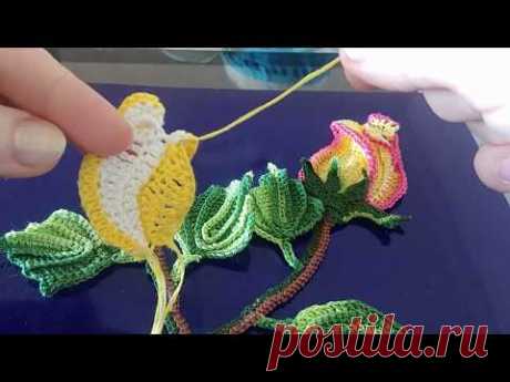 Бутон розы с листочками крючком