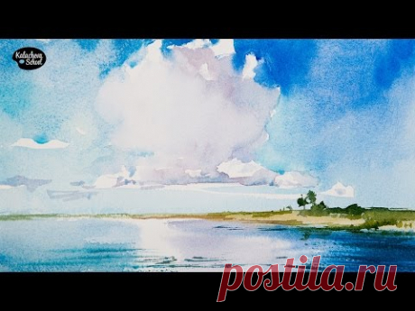 Рисуем акварелью: Пейзаж с облаком — kalachevaschool.ru