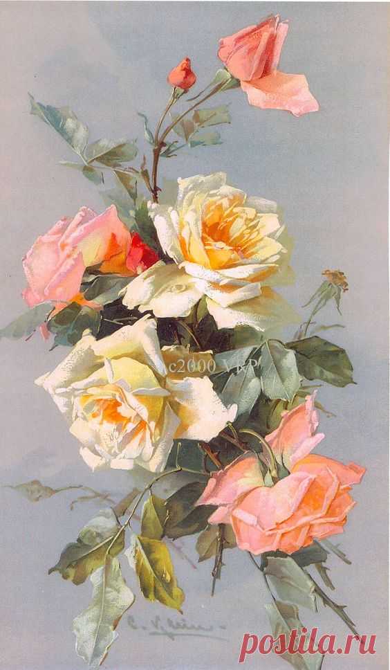 (723) PRINT FREE SHIP Victorian Roses Bouquet Catherine Klein Rose