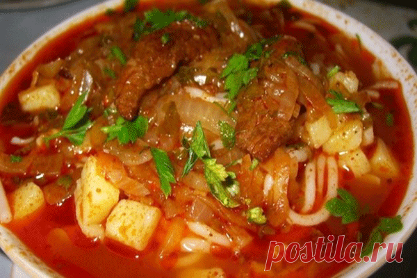 Лагман (узбекский густой суп)
Это вкусный суп, который больше 
похож на лапшу с густой подливой. 
В идеале готовится с домашней лапшой (самодельной) 
и большим количеством овощей и баранины.
Пошаговый рецепт приготовления
http://mysadzagotovka.ru/lagman-uzbekskij-gustoj-sup/