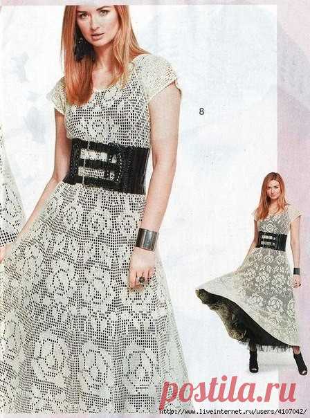 Длинное платье в филейной технике. Схемы