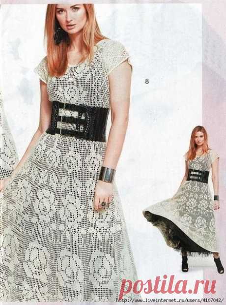 Длинное платье в филейной технике. Схемы