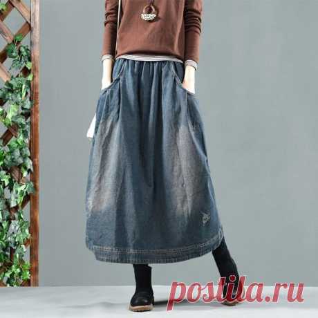Spring Winter Elastic Waist Retro Skirt Women Denim Loose Skirt Pockets Female Pocket Casual Denim Skirts