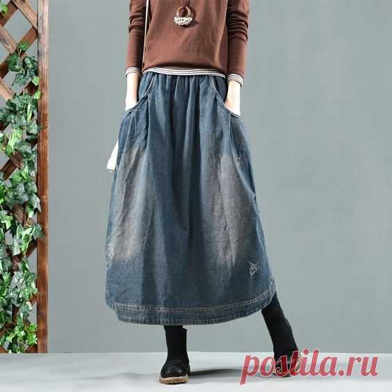 Spring Winter Elastic Waist Retro Skirt Women Denim Loose Skirt Pockets Female Pocket Casual Denim Skirts