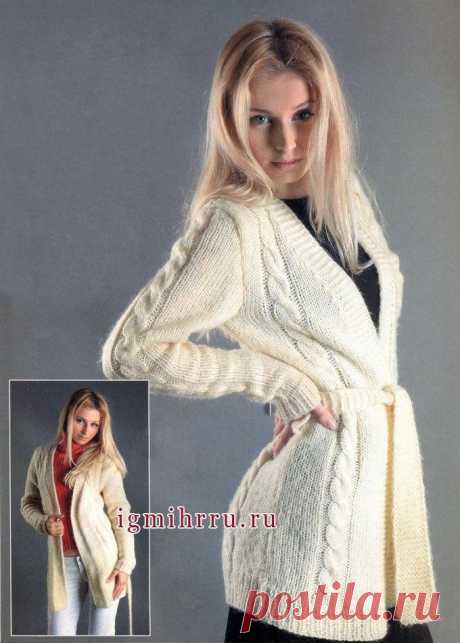 Уютный белый кардиган спицами Уютный белый кардиган. Спицы Размеры: 42-44 Вам потребуется: пряжа MOHAIR DELICATE (40% мохер, 60% акрил, 500 м/100 г) - 600 г белого цвета, спицы № 3,5 и № 4. Техника вязания. Резинка 1x1: спицами № 3,5 вяжите попеременно 1 лиц. п., 1 изн. п.