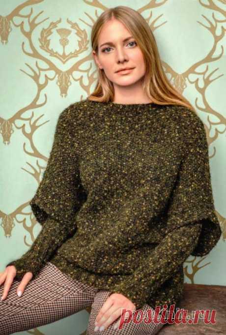 Джемпер с широкими цельновязанными рукавами и митенками. Спицами. / Люблю Вязать