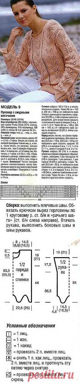 Схема и описание пуловера с ажурными веточками из журнала