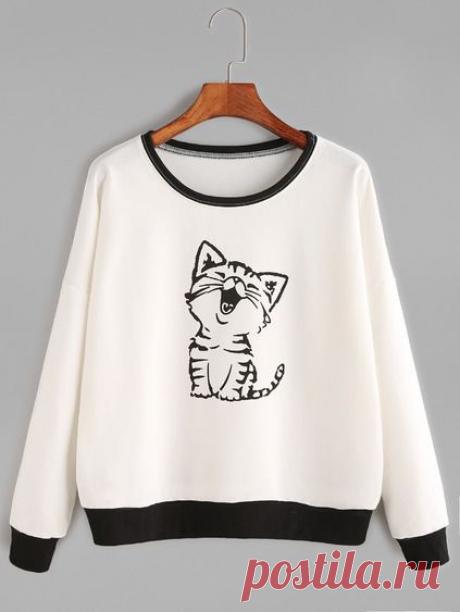 Cat Print Drop Shoulder Sweatshirt