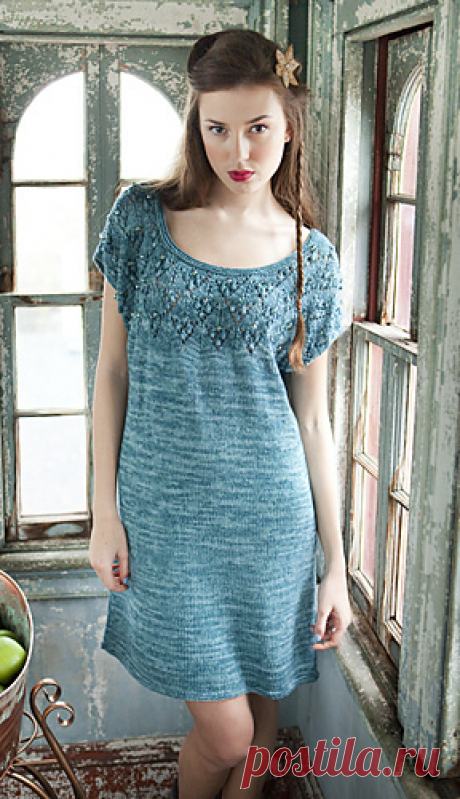 Платье с ажурной кокеткой из меланжевой пряжи BOBBLE AND BEAD DRESS из Vogue Knitting, Spring/Summer 2012