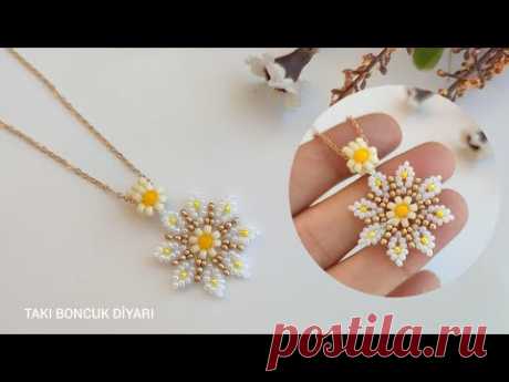Beyaz papatya çiçekli kolye kendin yap. White daisy flower necklace diy. How to make beaded necklace