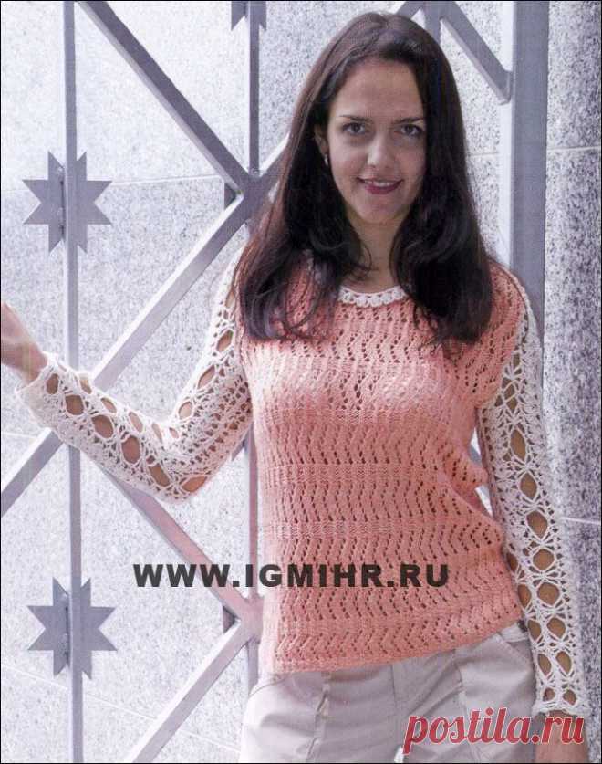 Комбинированный пуловер бело-розового цвета. Спицы и Крючок