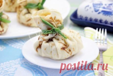 Блинные узелки с курицей – Пошаговый рецепт с фото. Выпечка. Вкусные рецепты с фото. Блины