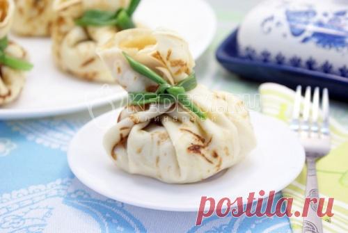 Блинные узелки с курицей – Пошаговый рецепт с фото. Выпечка. Вкусные рецепты с фото. Блины