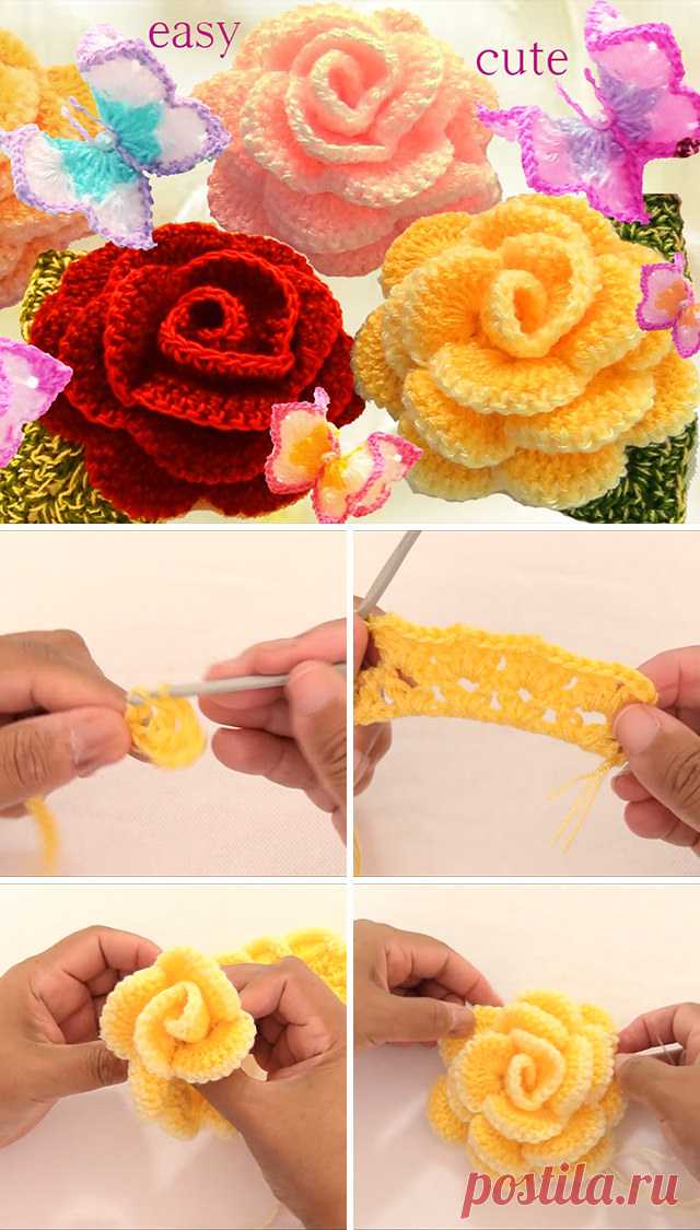 Роза крючком цветочный узор и видео | CrochetBeja