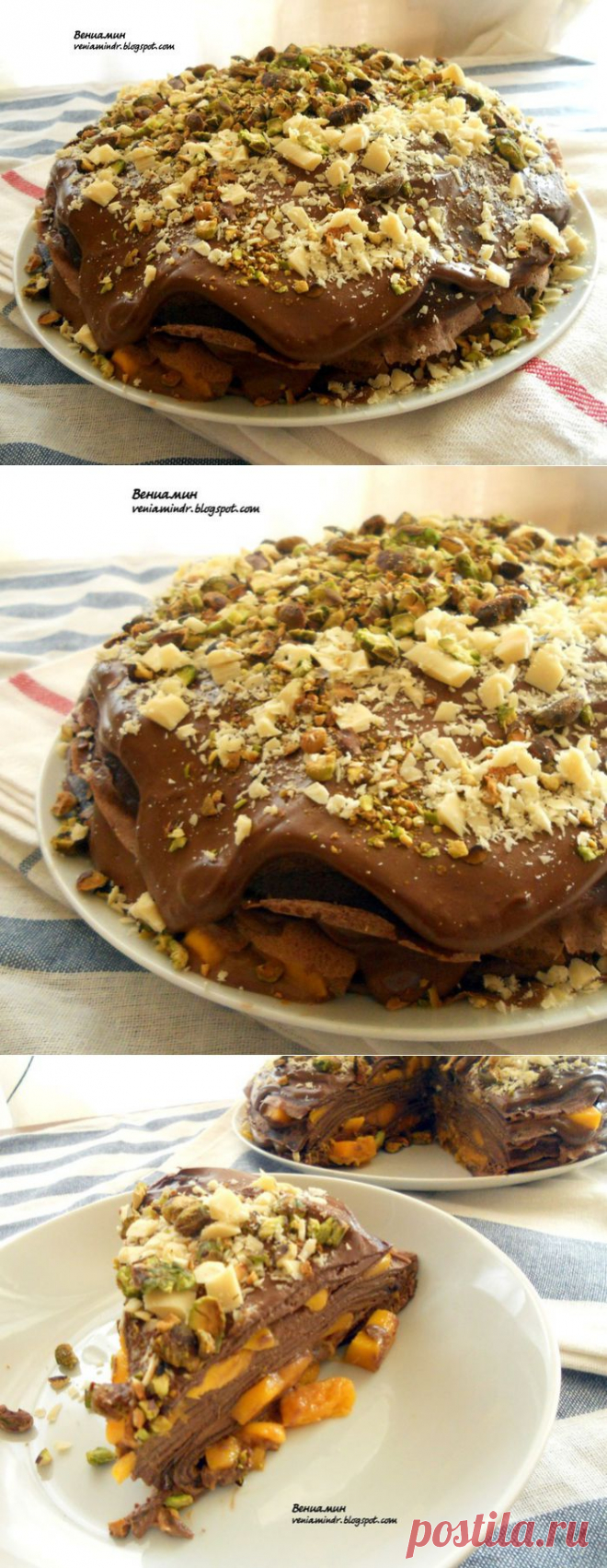 Восхитительный шоколадный блинный пирог с маскарпоне и манго/Delicious chocolate cake with pancakes, mascarpone and mango.