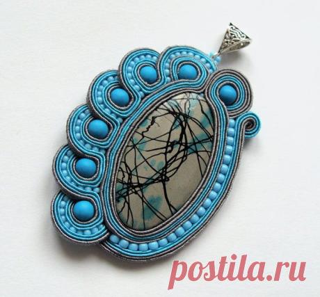(26) Big soutache pendant handmade embroidered in blue gray turquoise satin strips shell mediterranean jewelry. Perfect gift - oaak. via Etsy | soutache