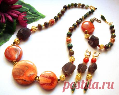 Комплект &quot;Осенняя история&quot;. Агат, природные куски раухтопаза.