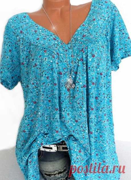 Plus Size Floral Casual V-Neckline Short Sleeve Blouses - Floryday