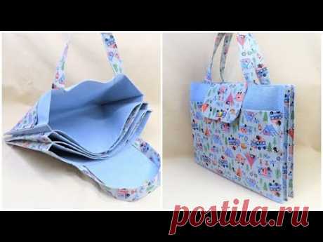 ペタンコトートバッグ簡単作り方 裏地付き　ポケットいっぱいバッグ作り方　how to make a tote bag