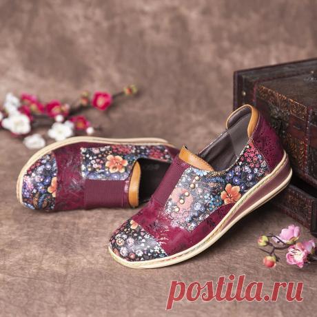 SOCOFY Retro Splicing Small Flowers Genuine Leather Flat Zipper Shoes - US$63.99