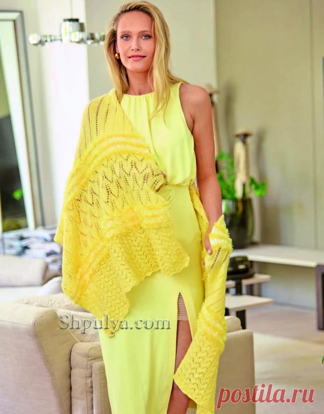 Ажурный желтый палантин — Shpulya.com - схемы с описанием для вязания спицами и крючком