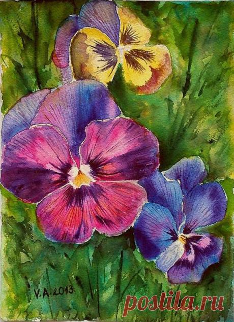 Christmas art gift idea, violet pansies, watercolor pansies, original watercolor…