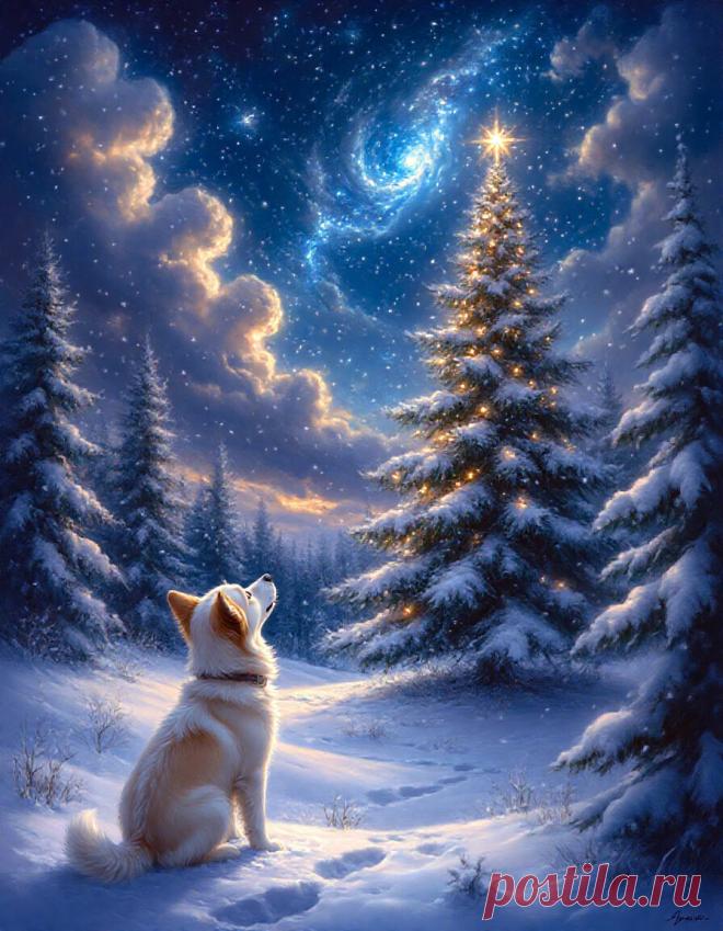 Зимний пейзаж  нежно-голубые тона,белые бархатистые облака,филигранно,,заснеженные деревья,снег,легкая дымка,звездная ночь,красиво, сказочно,большая снежная светящаяся елка,пушистые заснеженные ели, белоснежная собачка, необычно, свечение